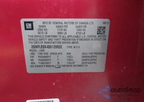 2013 Chevrolet Equinox 1Lt из США, поврежденный, VIN 2GNFLEEK4D6128822